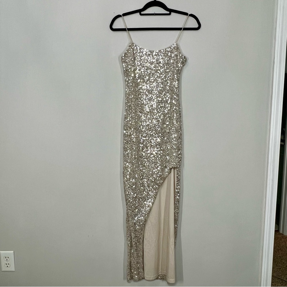 Thirty Thirty Silver Sequin Asymmetrical Slit Maxi Dress Size M